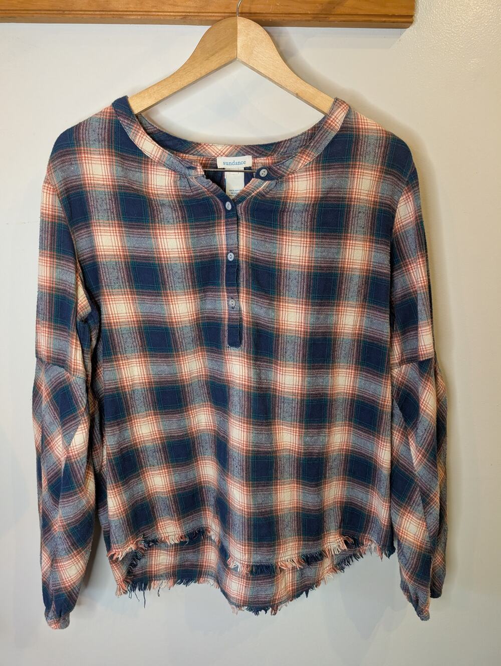 Sundance Women's Plaid Flannel Henley Top Raw Hem Balloon Sleeve Large